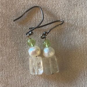 Peridot, pearl, and moonstone earrings